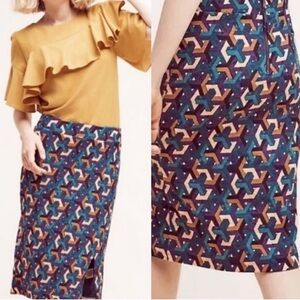 Anthro Maeve Geometrique Midi Pencil Skirt w/slit blue & gold sz medium